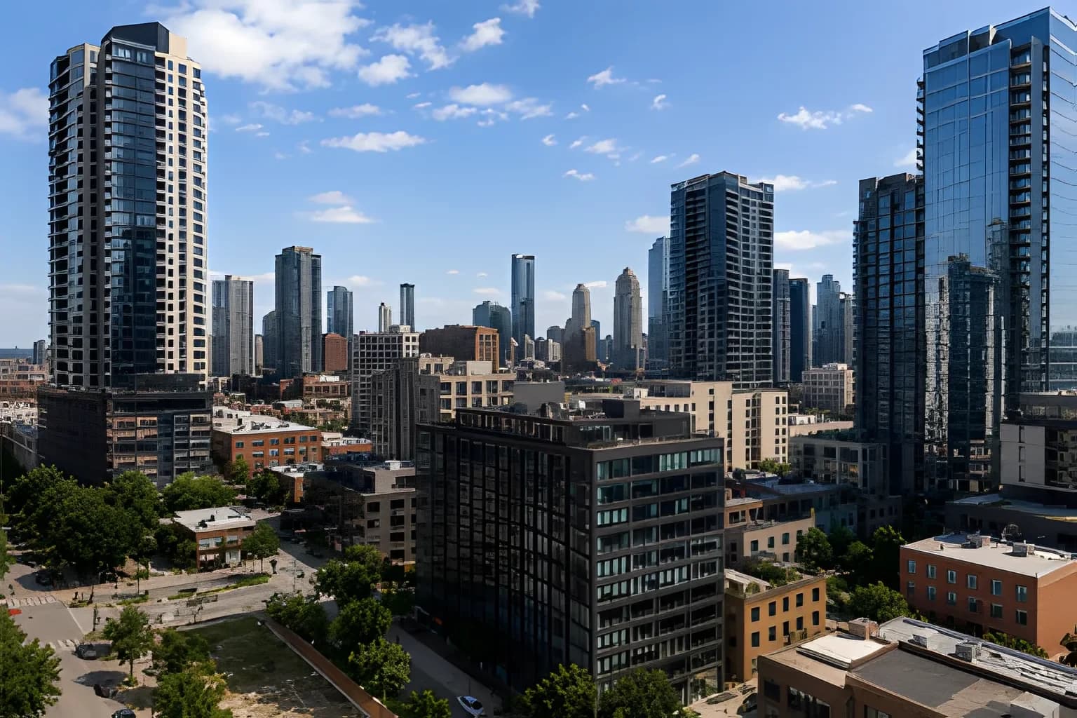 Higher-resolution view of the same city skyline and towers