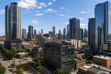 Low-resolution city skyline with residential and office towers