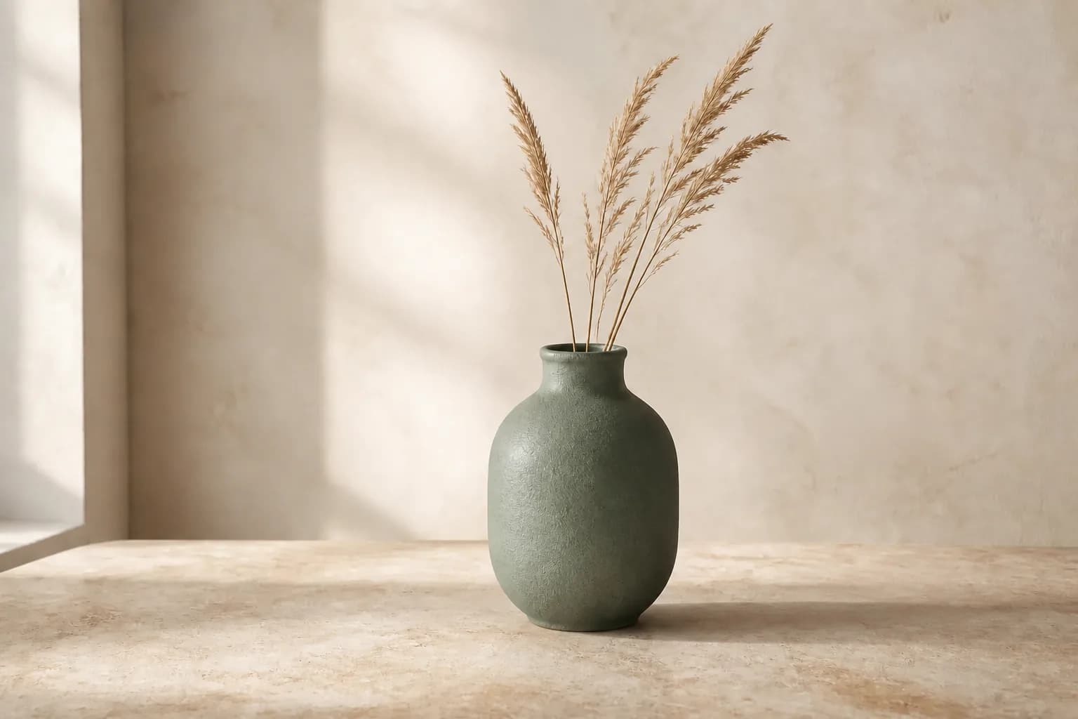 Sage ceramic vase after the orange utility clamp is removed from the tabletop