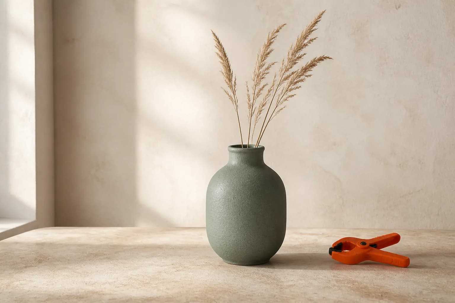 Sage ceramic vase with an unwanted orange utility clamp on the tabletop